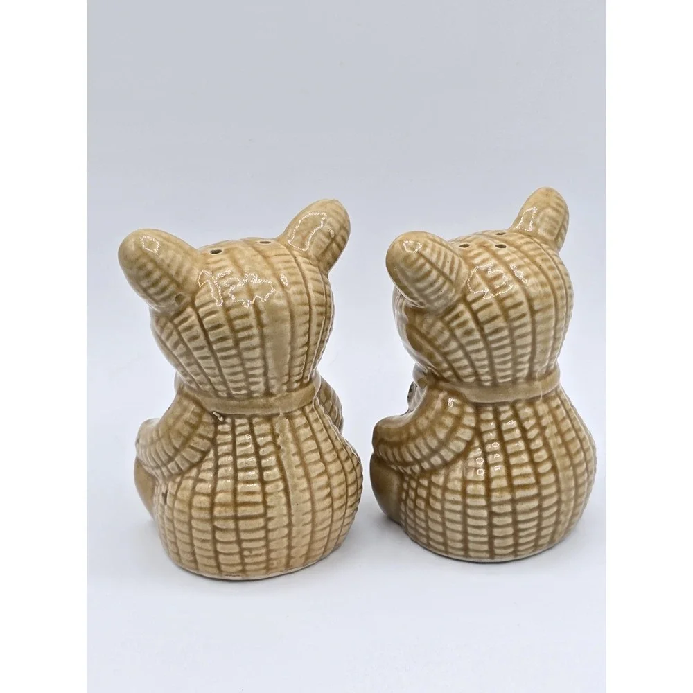 Vintage Ceramic Teddy Bear Salt Pepper Shakers Brown Quilted Look With Black Bow